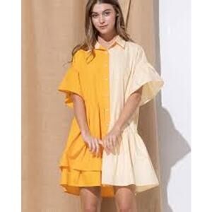 Aaron & Amber Orange Yellow Colorblock Ruffle Short Sleeve Shirt Dress Size L